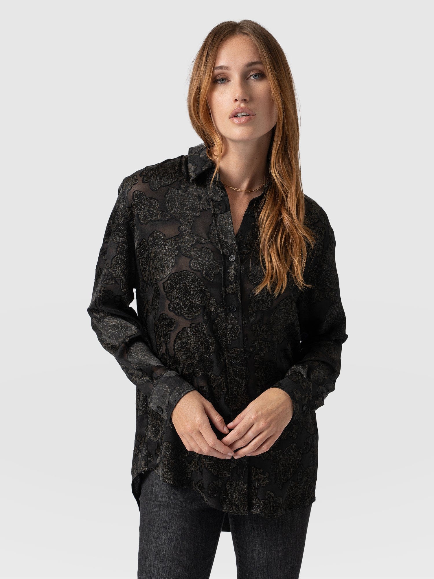 Boyfriend Shirt Black & Gold Floral Burnout - Women's Shirts | Saint + Sofia® USA